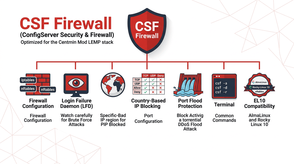 Infographic showing CSF Firewall features in Centmin Mod including ConfigServer Security and Firewall, Login Failure Daemon, and IP blocking
