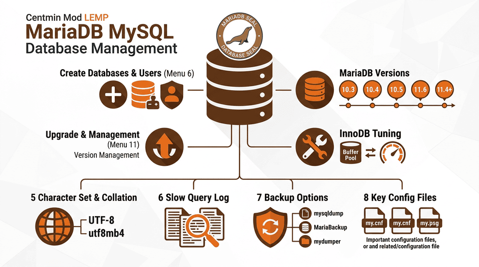 Infographic showing MariaDB MySQL database features in Centmin Mod including InnoDB optimization, backup tools, and version management
