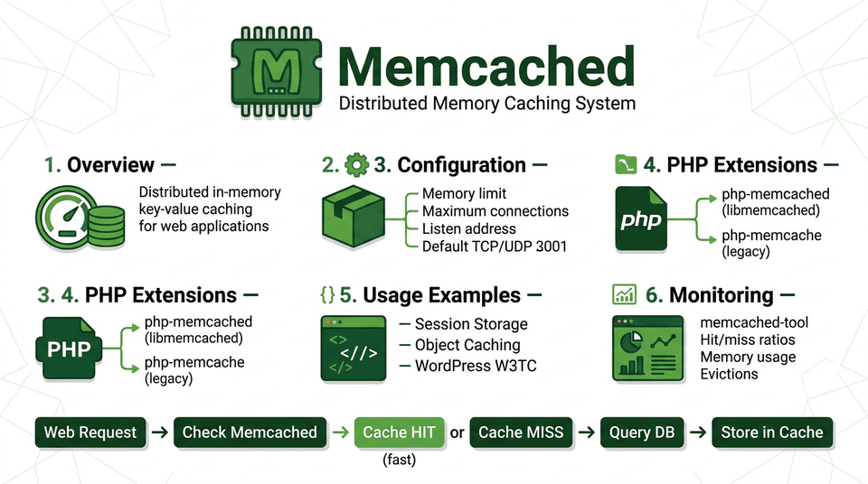 Infographic showing Memcached server features in Centmin Mod including distributed memory caching, PHP Memcached extension, and session storage