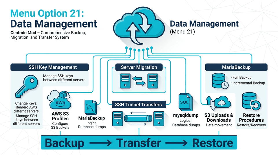 Infographic showing Centmin Mod Menu Option 21 Data Transfer features including SSH key management, S3 profiles, server migration, and backup tools
