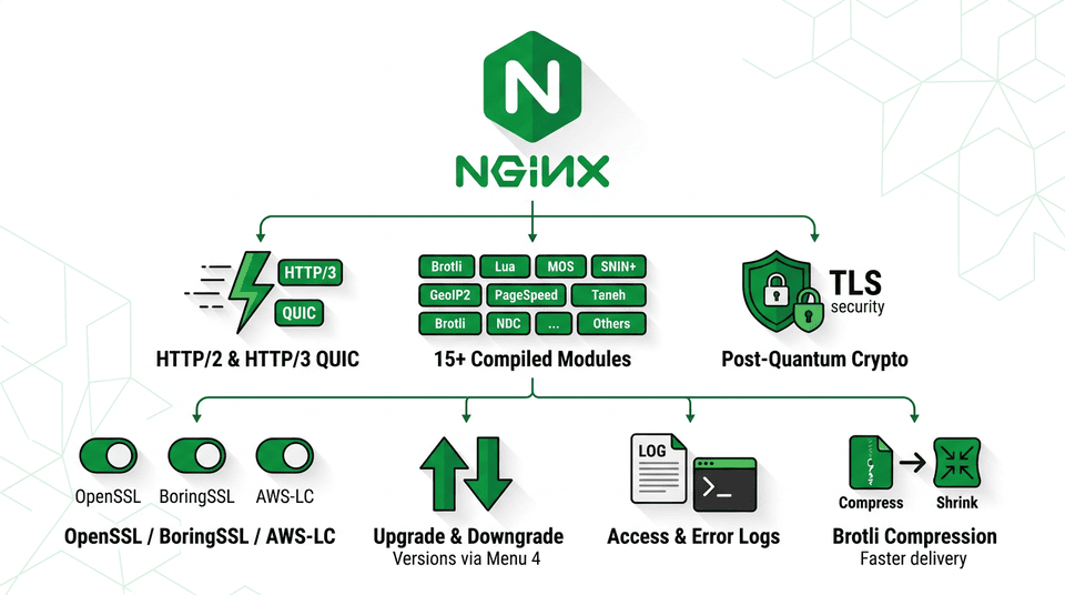 Infographic showing Nginx web server features in Centmin Mod including HTTP/2, HTTP/3 QUIC, Brotli compression, Lua scripting, and 20+ compiled modules