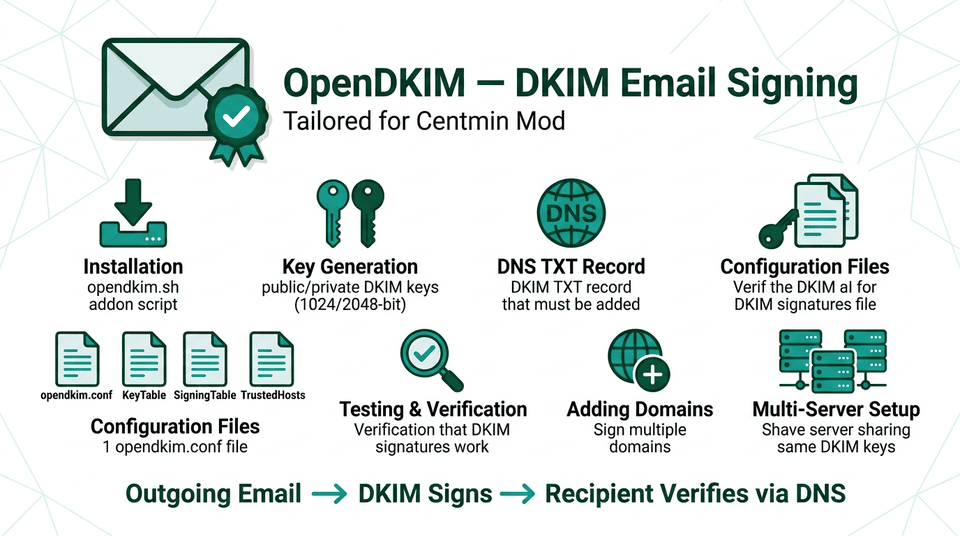 Infographic showing OpenDKIM email authentication in Centmin Mod including DKIM signing, DNS TXT records, and email deliverability