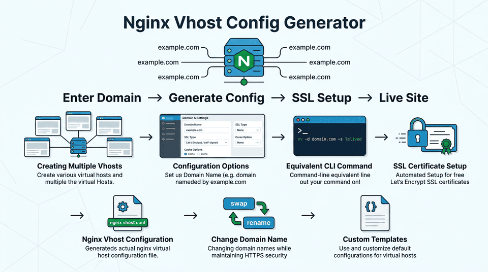 Infographic showing Nginx virtual host management in Centmin Mod including vhost creation, SSL certificates, and domain configuration