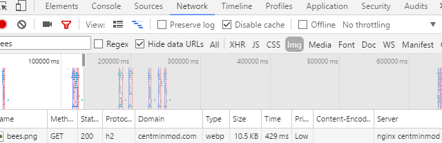 Chrome/Opera DevTools showing bees.png served with WebP mime type, confirming conditional WebP serving is working